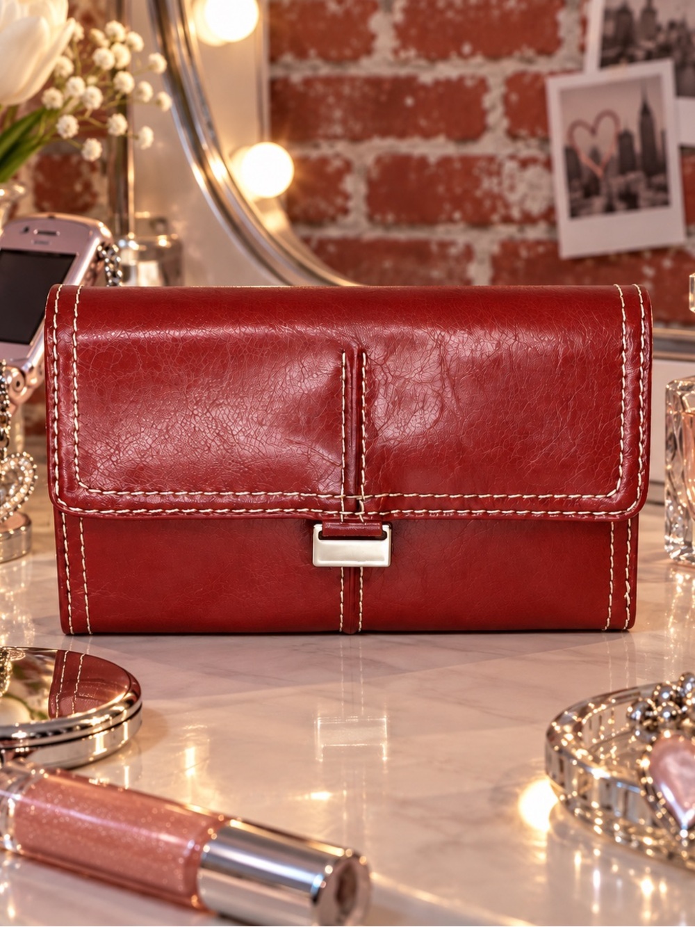 Vintage Y2K Liz Claiborne Dark Red Faux Leather Trifold Wallet